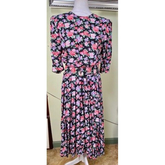 Vintage Karin Stevens Sz 10 Floral Modest Belted Midi Dress Cottagecore Prairie - Picture 1 of 13